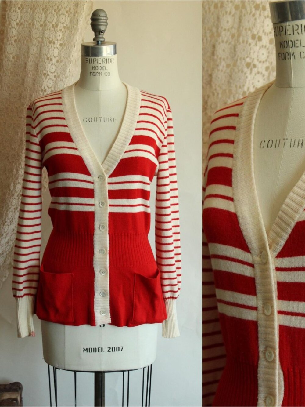 Vintage 1970s Sweater, Lipman's Red and White Stripe Wool Cardigan with Pockets,